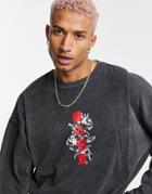 Asos Design Oversized Long Sleeve T-shirt In Black Acid Wash With Rib And Print