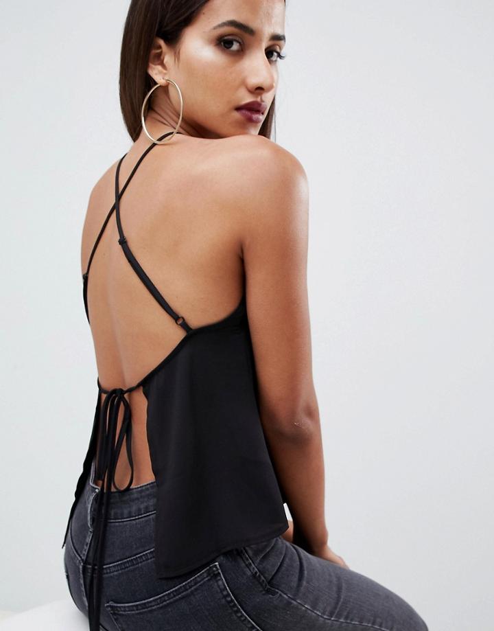 Asos Design Cami With High Neck And Tie Back - Black