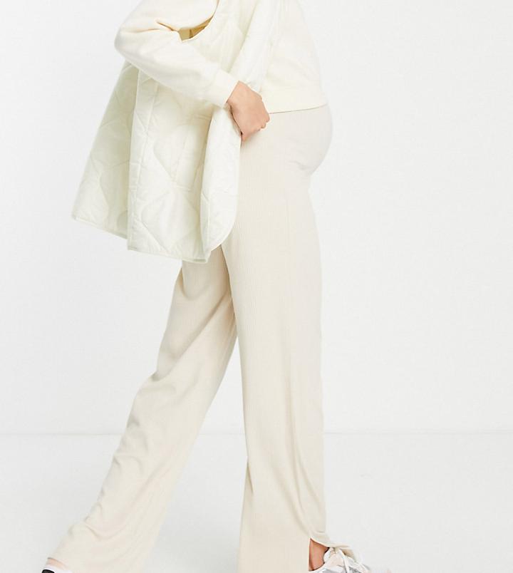 Asos Design Maternity Exclusive Over The Bump Rib Wide Leg Pants With Split In Stone-neutral