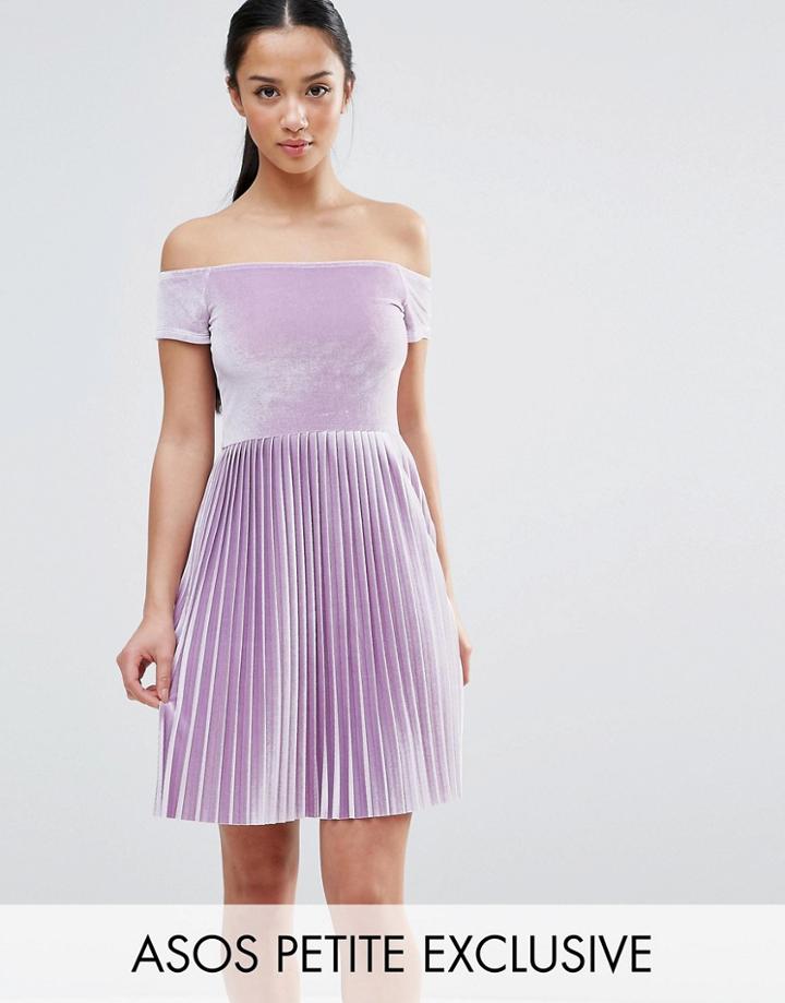 Asos Petite Velvet Off Shoulder Dress With Pleated Skirt - Purple