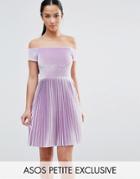 Asos Petite Velvet Off Shoulder Dress With Pleated Skirt - Purple