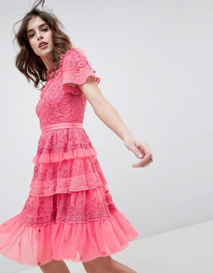 Needle & Thread High Neck Layered Mini Dress With Ruffle Sleeves - Pink