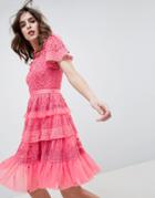Needle & Thread High Neck Layered Mini Dress With Ruffle Sleeves - Pink