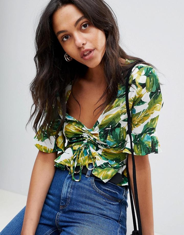 Ax Paris Palm Print Crop Top With Ruffle Sleeve - White