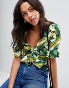 Ax Paris Palm Print Crop Top With Ruffle Sleeve - White