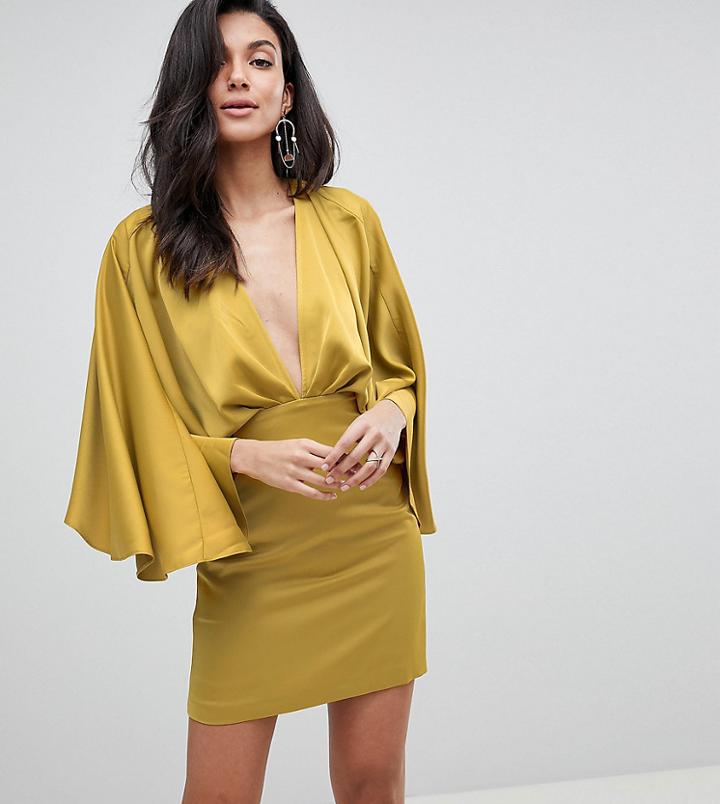 Asos Design Tall Cape Kimono Sleeve Deep Plunge Mini Dress - Yellow