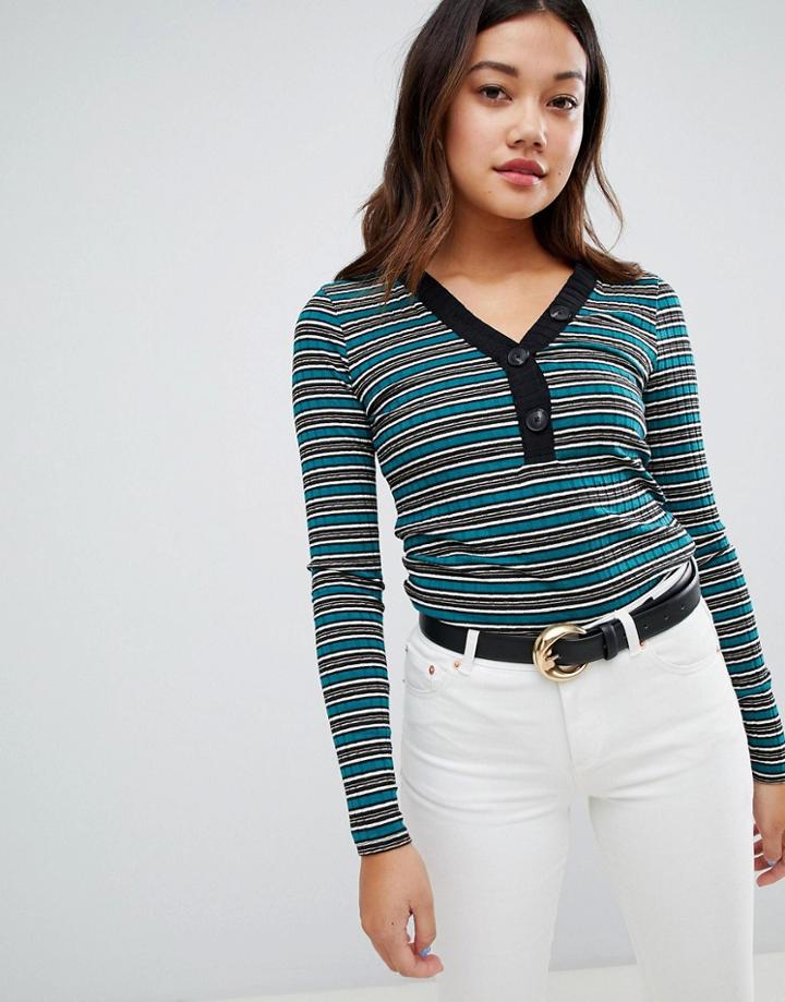 New Look Stripe Button Rib Top - Green
