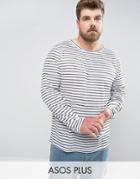Asos Plus Relaxed Long Sleeve T-shirt In Linen Look Stripe - White