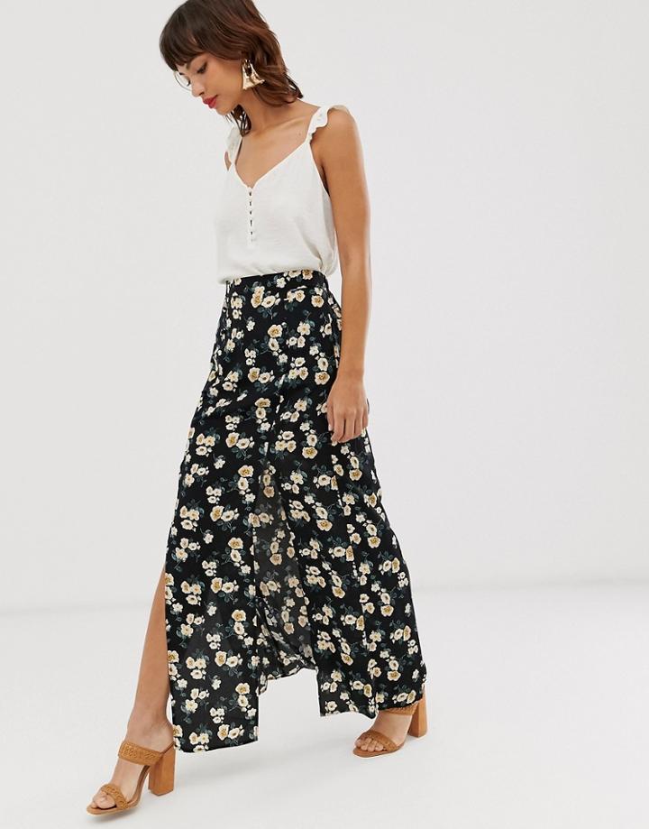 River Island Split Front Maxi Skirt In Floral Print-black