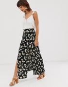 River Island Split Front Maxi Skirt In Floral Print-black