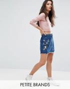 Missguided Petite Embroidered A Line Denim Skirt - Blue