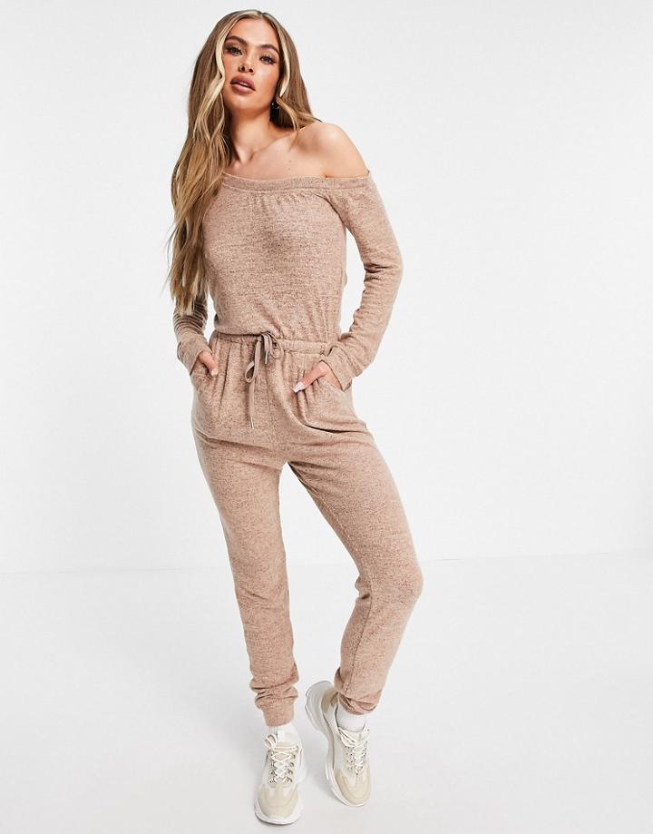 Skylar Rose One Shoulder Drawstring Waist Jumpsuit In Brown