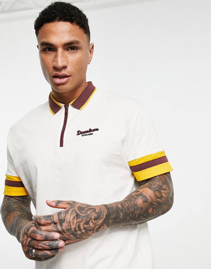 Asos Design Relaxed Polo T-shirt With Retro Print & Tipping In Beige-white