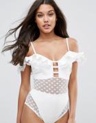 Asos Neoprene Frill Lattice Bardot Dot Mesh Swimsuit - White