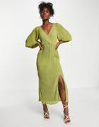 Asos Design Plisse Midi Dress With Button Detail-green