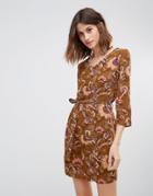 Vero Moda Folk Floral Tie Front Dress - Brown