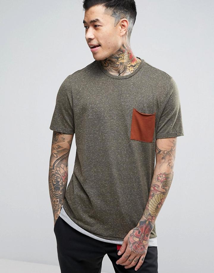 Bershka T-shirt With Pocket Detail In Khaki - Green
