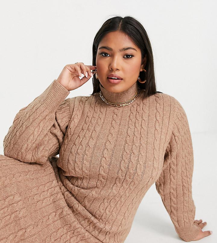 Fashion Union Plus High Neck Fitted Midi Dress In Cable Knit-brown