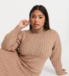 Fashion Union Plus High Neck Fitted Midi Dress In Cable Knit-brown