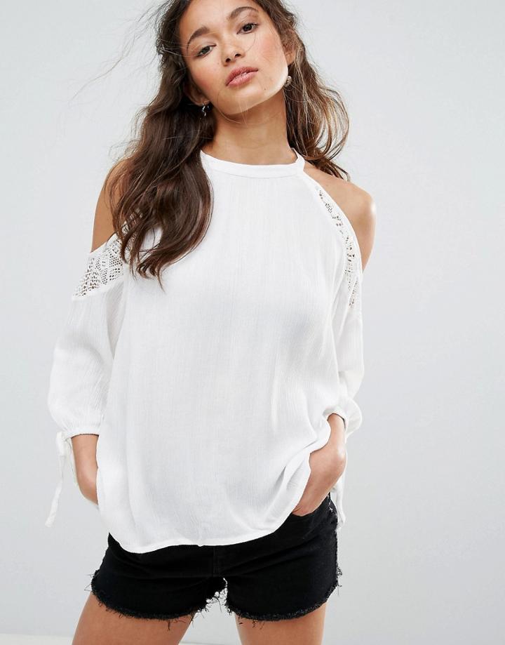 Band Of Gypsies Festival Crochet Cold Shoulder Long Sleeve Top - Cream