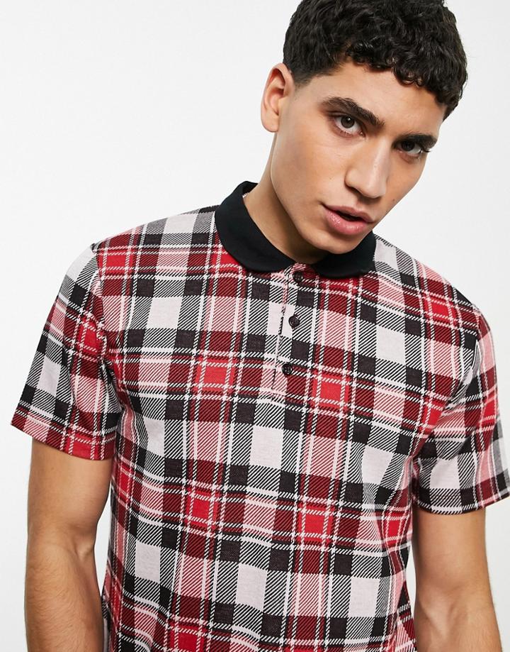 Asos Design Polo T-shirt In All Over Check Print-red