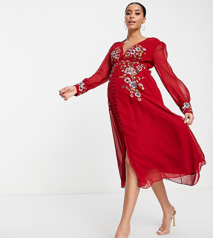 Hope & Ivy Maternity Long Sleeve Embroidered Midi Tea Dress In Red