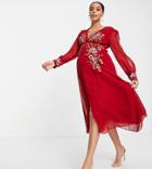 Hope & Ivy Maternity Long Sleeve Embroidered Midi Tea Dress In Red