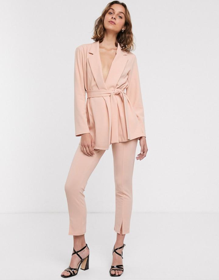 Asos Design Jersey Slim Split Front Suit Pants In Blush-pink