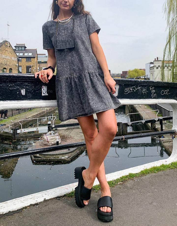 Noisy May Denim Smock Dress With Drop Hem In Washed Gray-grey