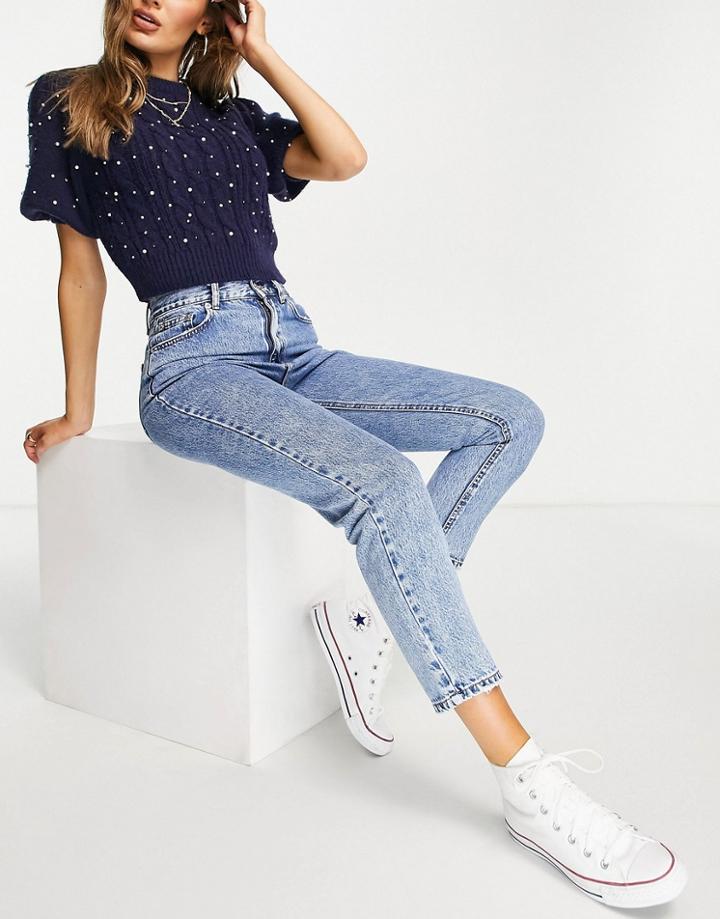Pull & Bear Basic Mom Jean In Medium Blue-blues