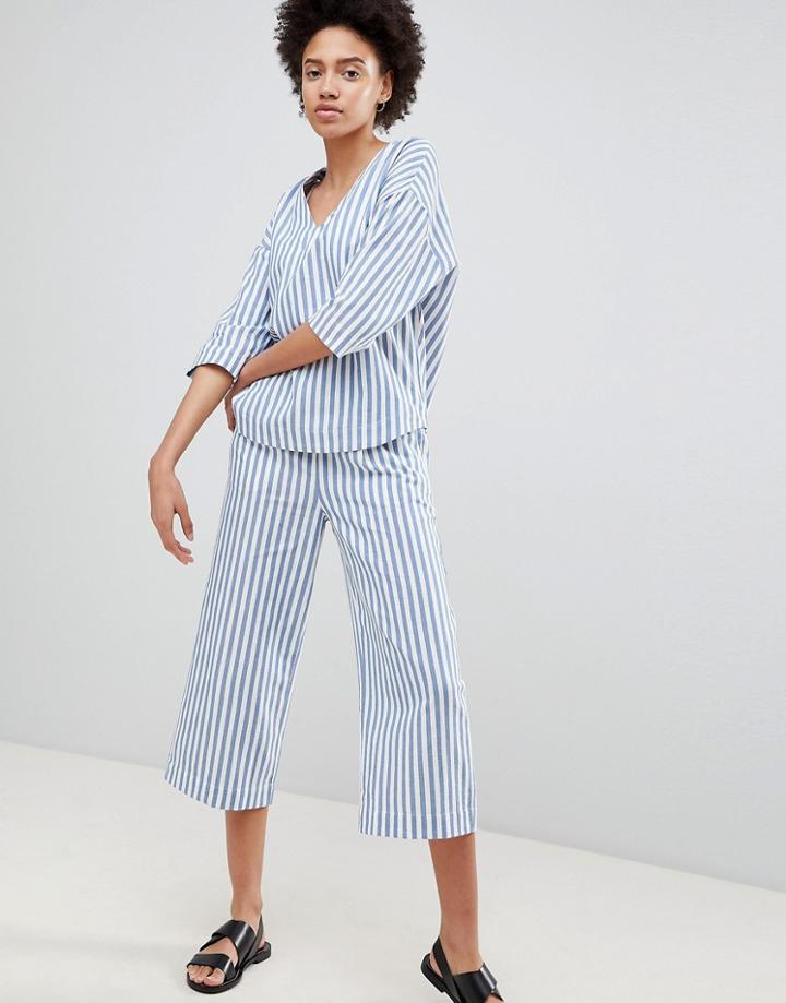Moss Copenhagen Wide Leg Culotte Pants In Summer Stripe Two-piece - Blue