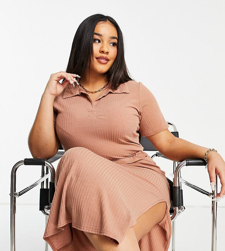 Asos Design Curve Fitted Ribbed Polo Top In Sandstone - Part Of A Set-neutral