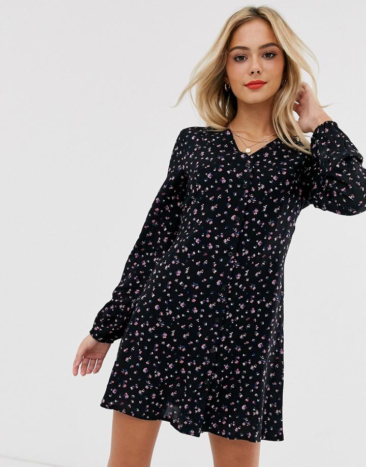 Daisy Street Long Sleeve Tea Dress In Vintage Ditsy Floral-black