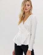 Asos Design Long Sleeve Wrap Top In Linen With Pephem-white