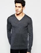 Selected Knitted V-neck Neck Sweater In Merino Wool - Mid Gray Melange