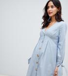 Asos Design Maternity Button Through Mini Casual Skater Dress With Tie Sleeves In Chambray - Blue