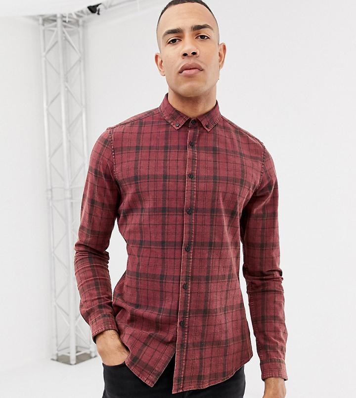 Asos Design Tall Stretch Slim Acid Wash Check Shirt - Red