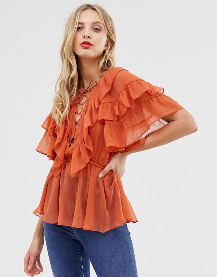 Asos Design Ruffle Sleeve Top With Lace Up Detail-orange