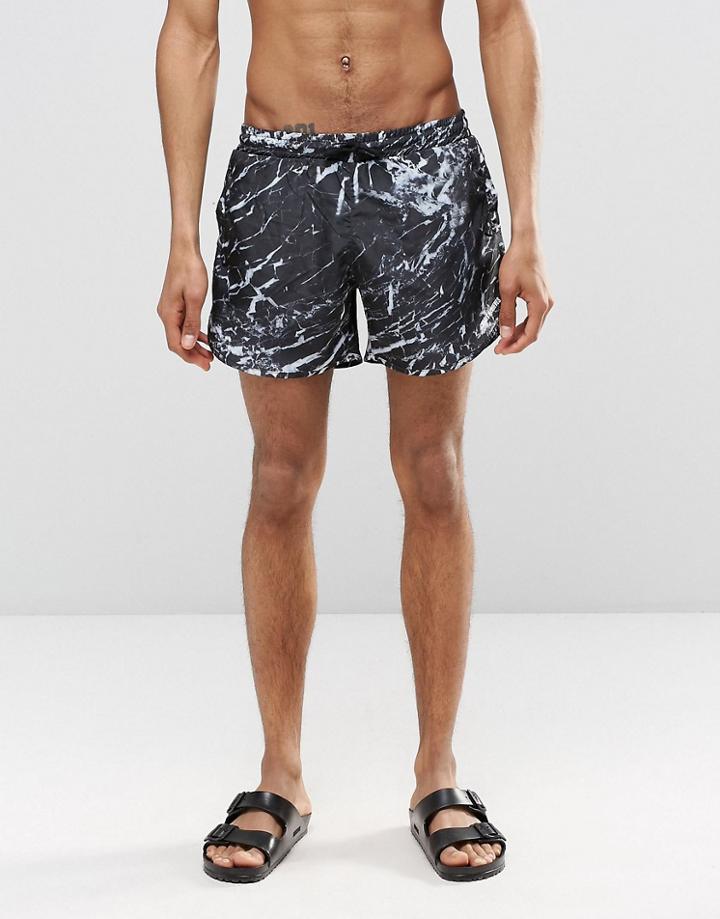 Cheats & Thieves Mid Length Swim Shorts In Mono Marble Digital Print - Black