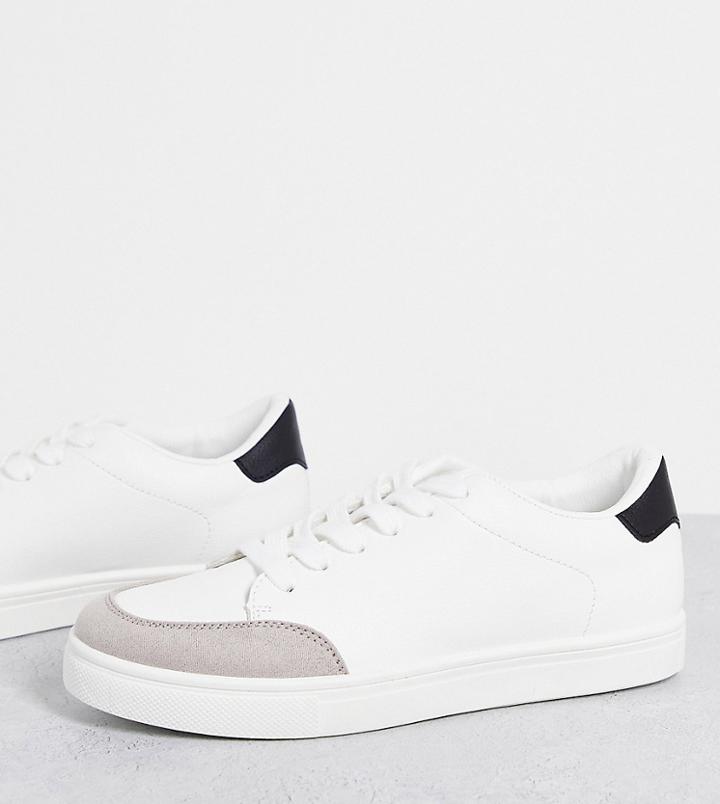 London Rebel Wide Fit Minimal Lace Up Sneakers In White With Black-multi