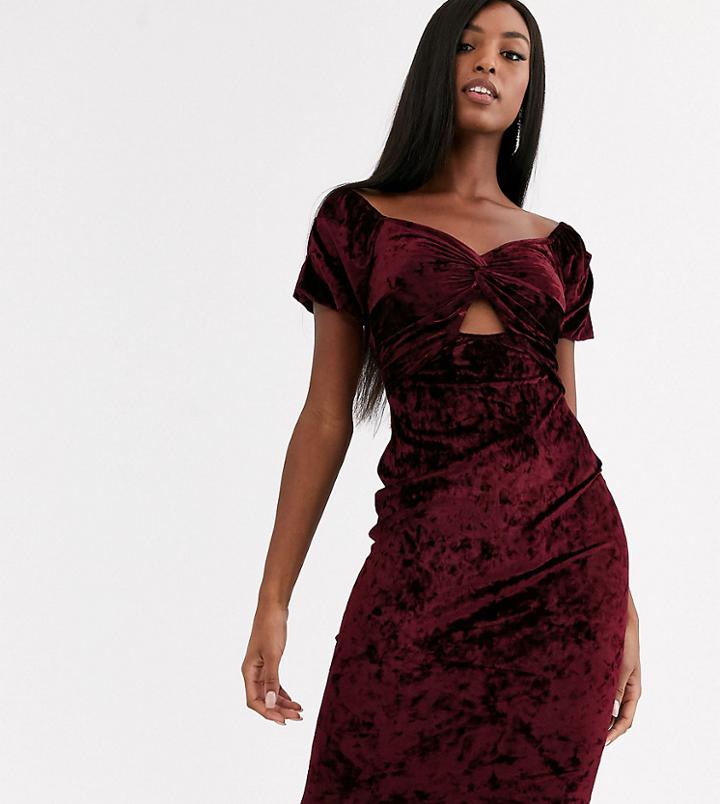 Flounce London Tall Velvet Bardot Midi Dress In Oxblood-red