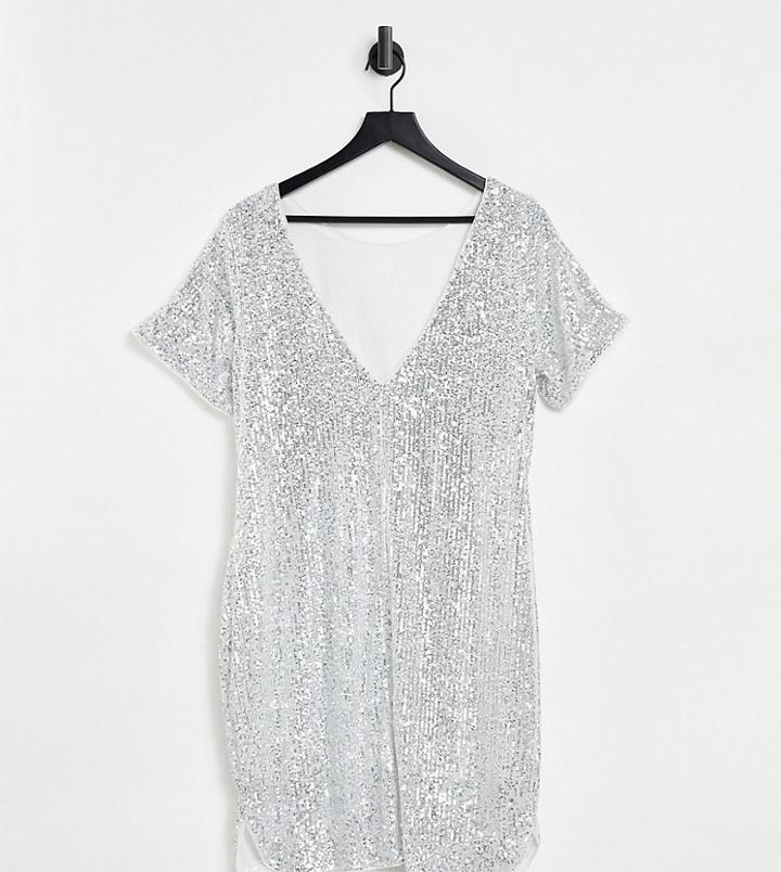Jaded Rose Maternity T-shirt Mini Dress In Silver Sequin