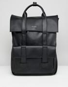 Asos Design Backpack In Black Faux Leather And Front Pocket With Double Straps - Black