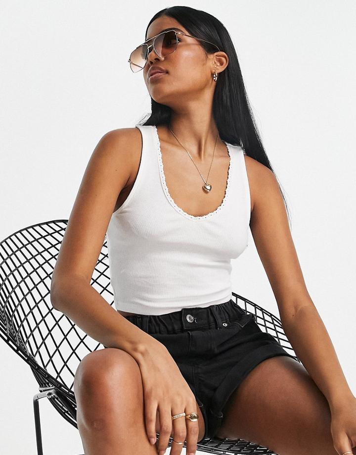 Asos Design Petite V Neck Tank Top With Lace Trim In White