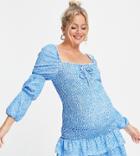 Asos Design Maternity Shirred Mini Dress With Long Sleeves In Blue Ditsy Floral-blues