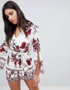 Parisian Border Print Romper With Tie Waist - White