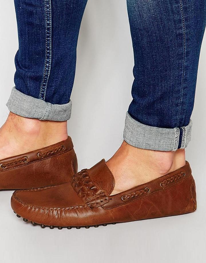 Asos Driving Shoes In Tan Leather With Plaited Strap - Tan