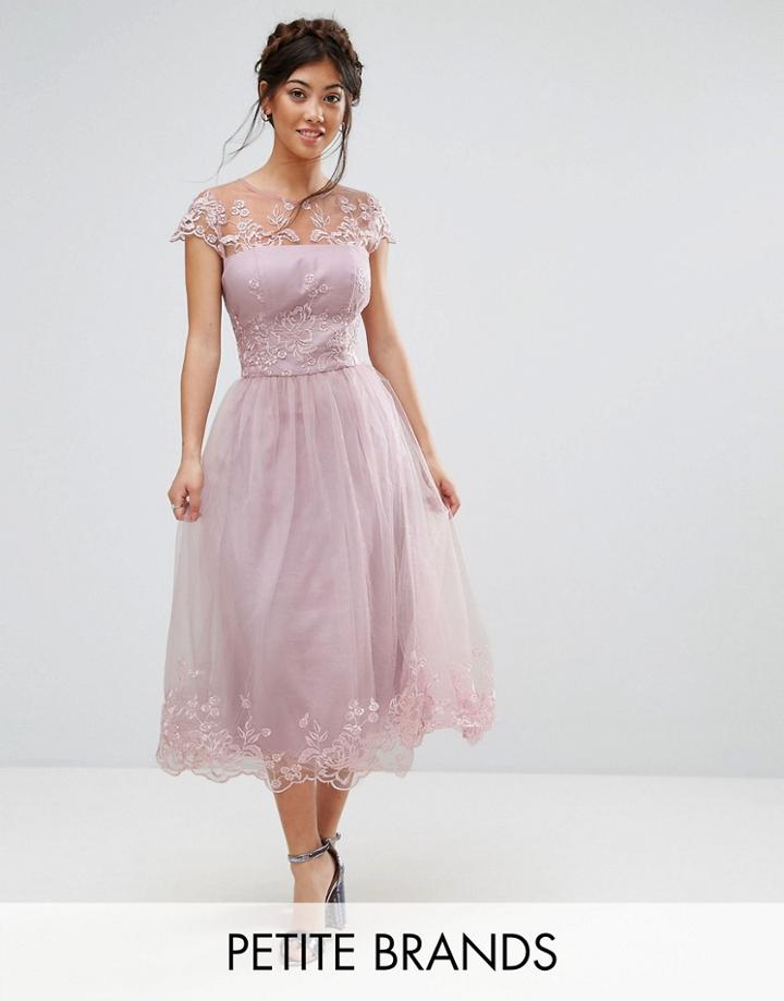 Chi Chi London Petite Premium Lace Midi Prom Dress With Lace Neck - Brown