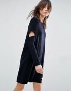 Asos Knitted Dress With Cut Out Detail And Ribbed Sleeves - Navy
