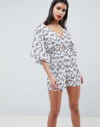 Asos Design Broderie Romper With Kimono Sleeve-white